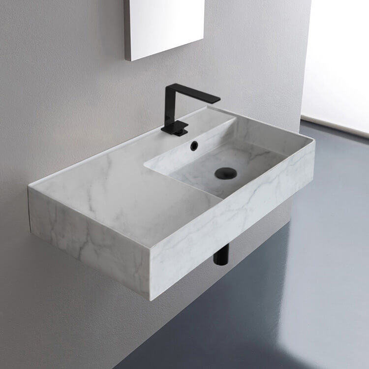 Scarabeo 5118-F-One Hole Marble Design Ceramic Wall Mounted or Vessel Sink With Counter Space